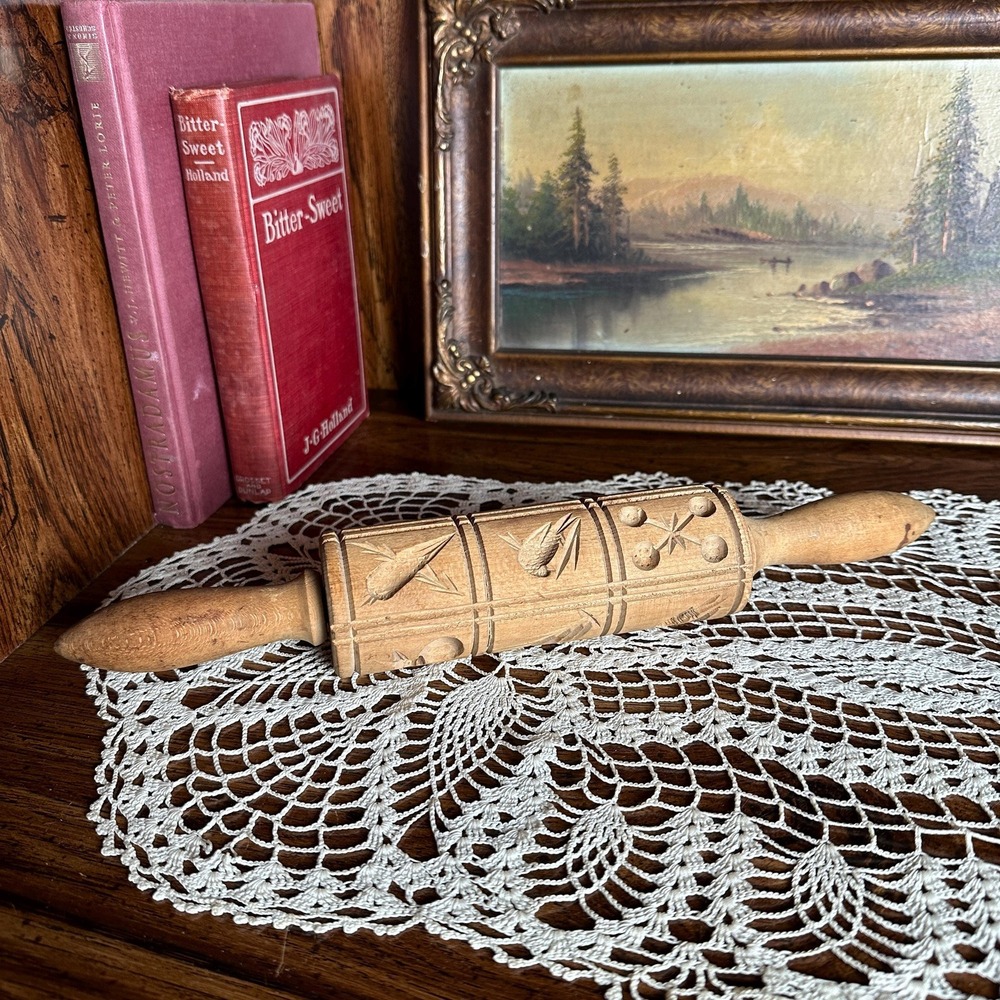Vintage Carved Wood Springerle Cookie Rolling Pin | Embossed Bird Floral Pin 13"